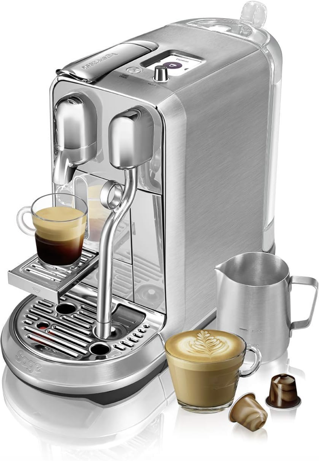 Irishkitchen Creatista Plus Automatic Pod coffee machine with milk frother wand for Espresso, Cappuccino & Flat White by Sage in Brushed Stainless Steel