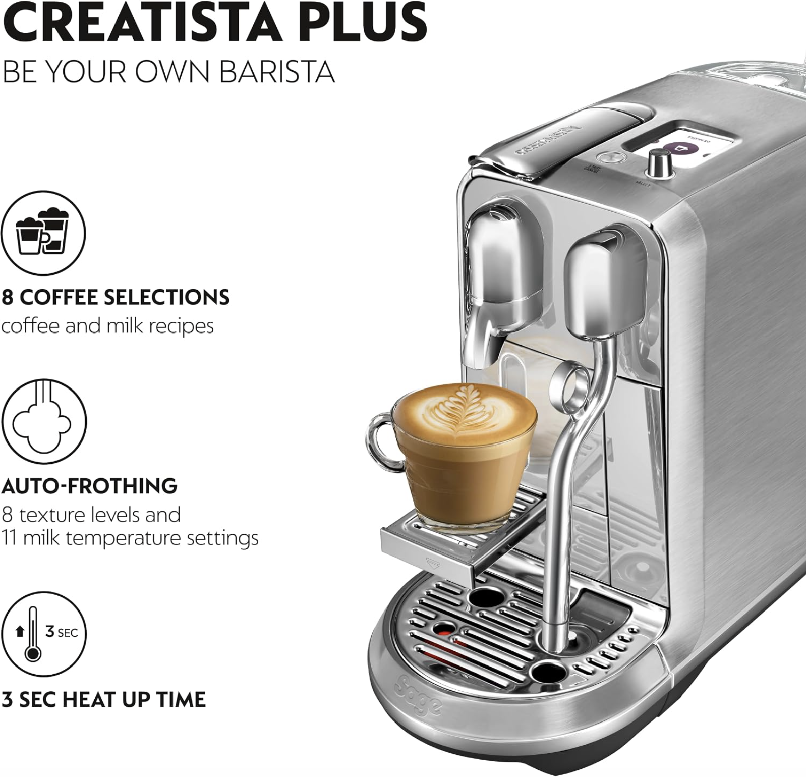 Irishkitchen Creatista Plus Automatic Pod coffee machine with milk frother wand for Espresso, Cappuccino & Flat White by Sage in Brushed Stainless Steel - Image 4